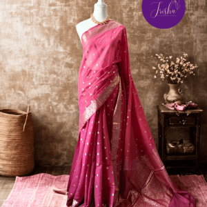 Chanderi Cotton Saree in Pink Shade with Small floral buttis woven all over saree. Light Gold zari border with woven floral motifs on both sides.
