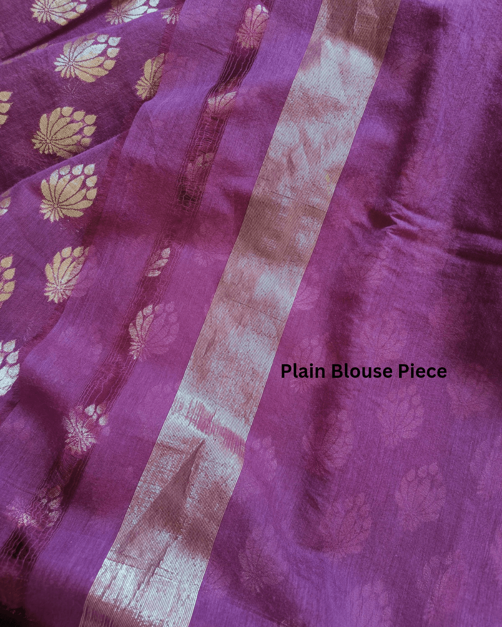 Chanderi Cotton Saree Purple Floral Motifs Gold Zari Border - Image 4