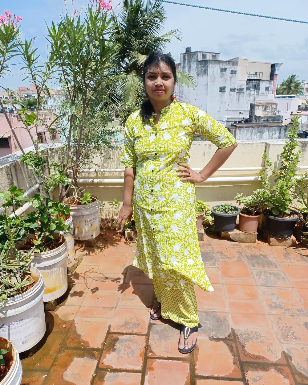 Pure Cotton Coord Set in Lime Green shade with Prints, Ready Made Kurti A-Line cut with Palazzo Style Pant, very soft cotton can be maintained with regular wash.