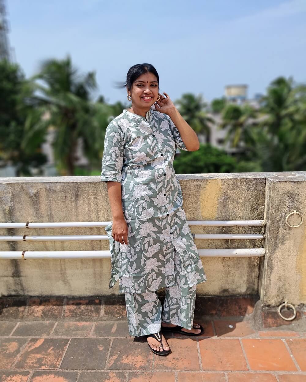 Pure Cotton Coord Set in Light Sage Green shade with Prints, Ready Made Kurti A-Line cut with Palazzo Style Pant, very soft cotton can be maintained with regular wash.