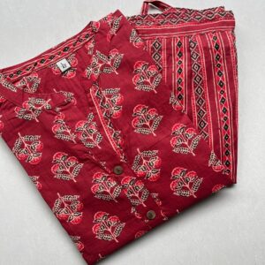 Pure Cotton Coord Set in Red shade with Floral Prints, Ready Made Kurti with Straight cut Pant, very soft cotton can be maintained with regular wash.