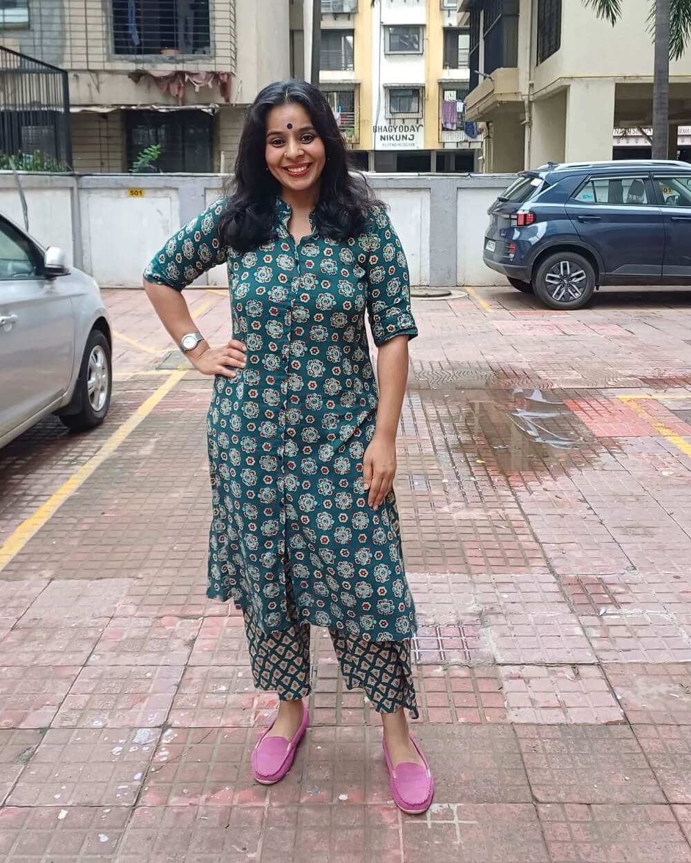 Pure Cotton Coord Set in Sea Green shade with Prints, Ready Made Kurti A-Line cut with Palazzo Style Pant, very soft cotton can be maintained with regular wash.