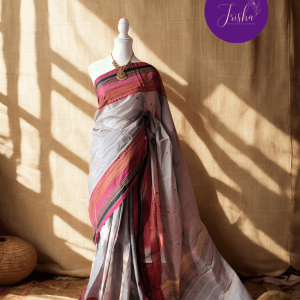 Handloom Pure Kanchi Cotton Saree in Ash Grey Shade with Pink border, Small buttas all over saree with big thread border in Traditional motifs. Simple Pallu with stripes.