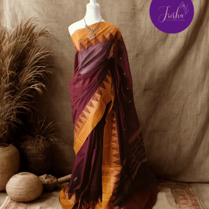Handloom Kanchi Cotton Saree in Betelnut Brown shade with Yellow border, it has Buttas on Saree and Thread Border with traditional gopuram or temple motifs. These sharp towers like motifs are also known as Thazhampoo motifs.