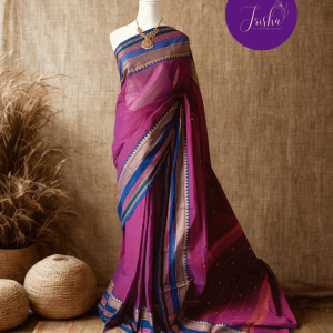 Handloom Pure Kanchi Cotton Saree in Purple Shade with Blue border, Small buttas all over saree with big thread border in Traditional motifs. Simple Pallu with stripes.