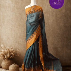 Handloom Kanchi Cotton Saree in Sea Green shade with Yellow border, it has Buttas on Saree and Thread Border with traditional gopuram or temple motifs. These sharp towers like motifs are also known as Thazhampoo motifs.