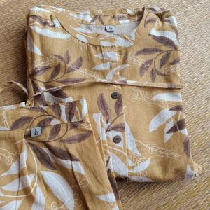 Premium quality Pure Cotton Flex Coord Set in Light Mustard Yellow shade with Prints, Ready Made Kurti A-Line cut with Paralle style Pants, very soft cotton can be maintained with regular wash.