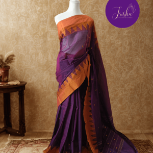Handloom Kanchi Cotton Saree in Purple shade with Yellow border, it has Buttas on Saree and Thread Border with traditional gopuram or temple motifs. These sharp towers like motifs are also known as Thazhampoo motifs.