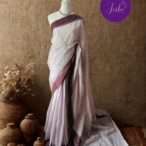 Handloom Pure Kanchi Cotton Saree in Whitish Pink shade with Pink border, it has Buttas all over Saree with contemporary motifs small Thread Border.