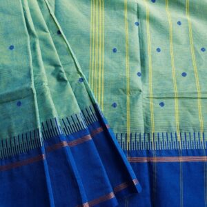 Handloom Pure Kanchi Cotton Saree in Light Green with Fresh Yellow dual tone shade with Dark Blue border, it has Buttas all over Saree with simple Big Thread Border.