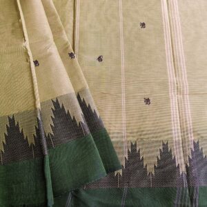 Handloom Kanchi Cotton Saree in Sage Green shade with Yellow border, it has Buttas on Saree and Thread Border with traditional gopuram or temple motifs. These sharp towers like motifs are also known as Thazhampoo motifs.