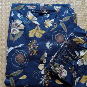 Pure Cotton Coord Set in Dark Blue shade with Prints, Ready Made Kurti A-Line cut with Palazzo Style Pant, very soft cotton can be maintained with regular wash.