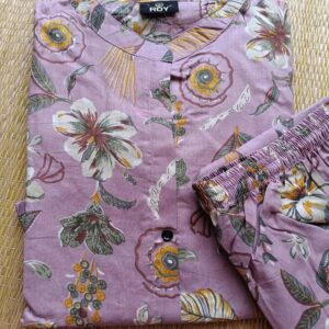 Pure Cotton Coord Set in Lilac shade with Prints, Ready Made Kurti A-Line cut with Palazzo Style Pant, very soft cotton can be maintained with regular wash.