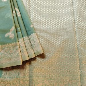 anarasi Cotton Saree in Green colour with Cream resham threads woven all over. It has traditional Banarasi bird motifs which is a very famous weave.