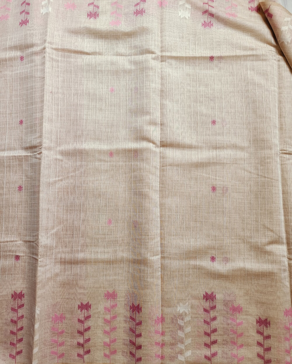 Chanderi Saree Silk Cotton Light Beige with Pink Jamdani Floral Weaves - Image 4