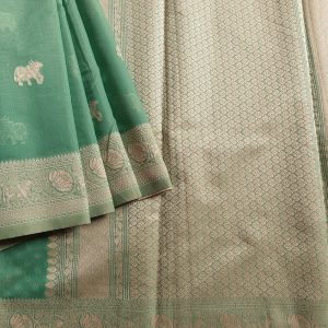 Banarasi Cotton Saree in Green colour with Cream resham threads woven all over. It has traditional Banarasi animal motifs which is a very famous weave.