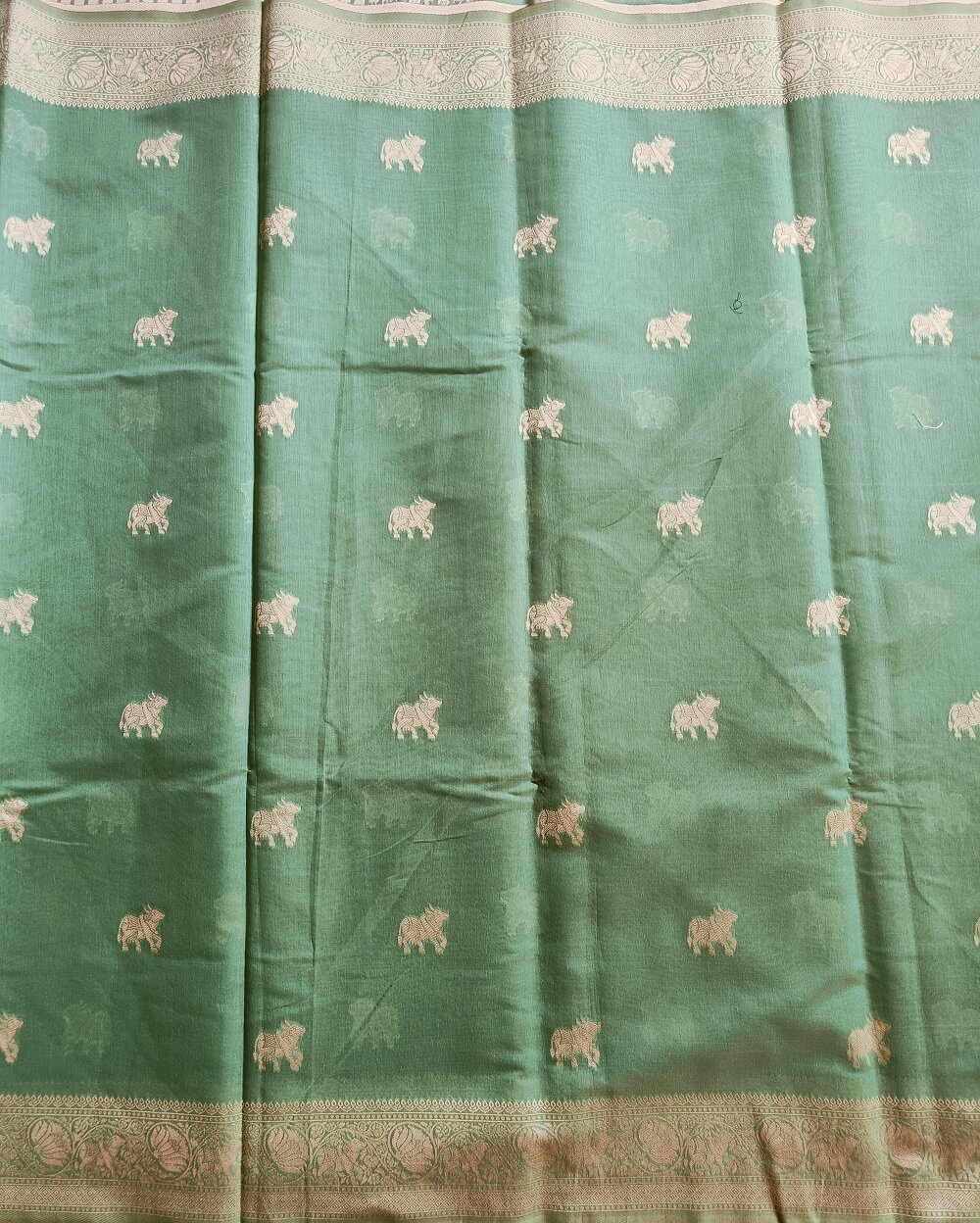 Banarasi Cotton Saree Green Colour With Animal Motifs - Image 4