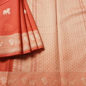 Banarasi Cotton Saree in Orange colour with Cream resham threads woven all over. It has traditional Banarasi animal motifs which is a very famous weave.