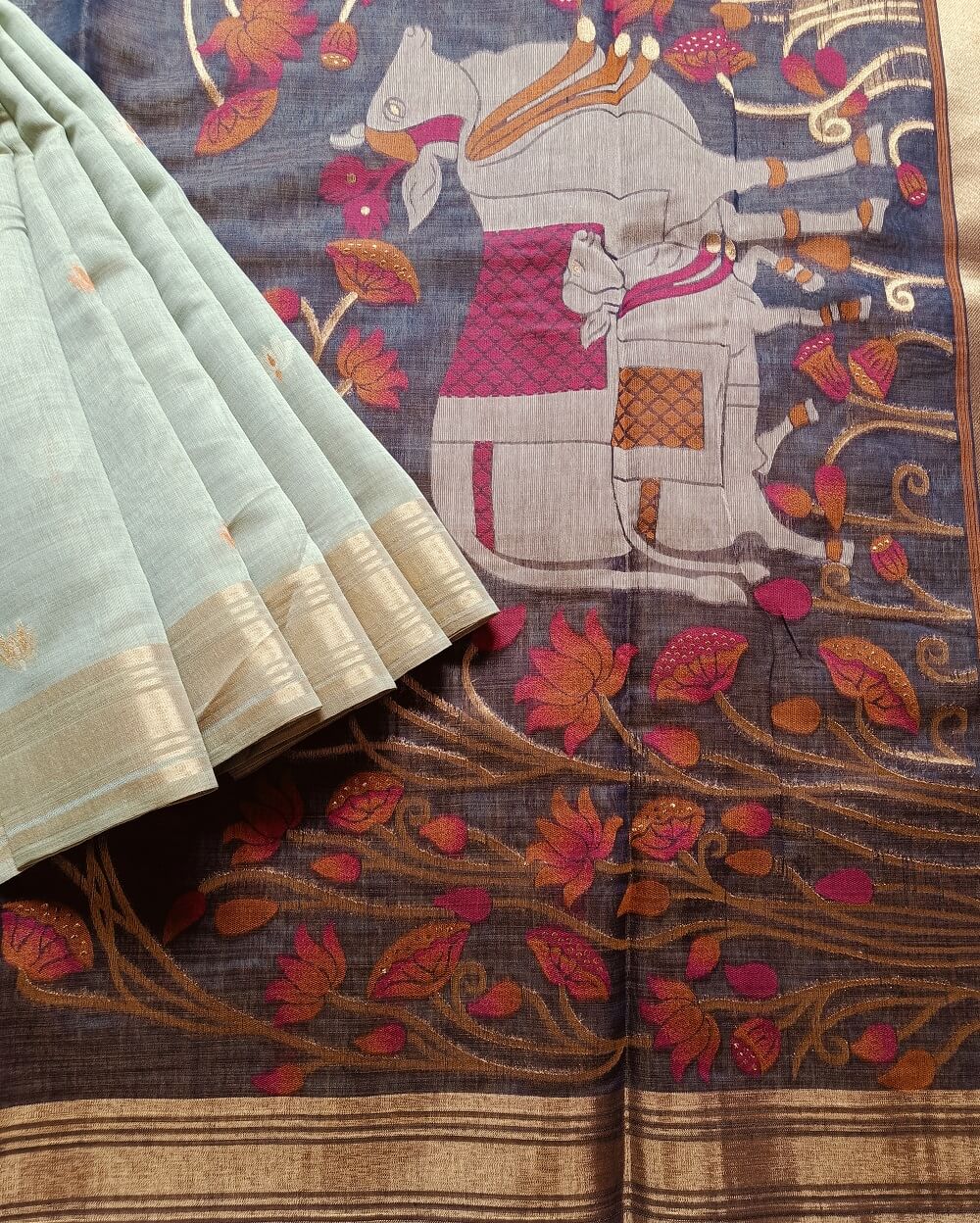 Chanderi Saree Silk Cotton Light Blue Butta with Pichwai Weave Pallu