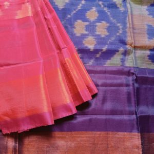 Mulberry silk mix saree woven in ikkat handloom weaves. This Ikkat silk saree has Tissue zari borders with classic colour combinations. Dark Pink saree with tissue border. It has a lovely bright violet Pallu and plain blouse piece that matches pallu.