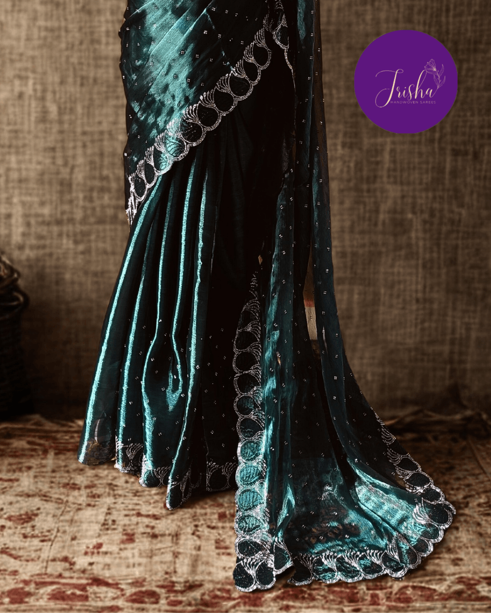 Dark Teal Green Party Wear Silk Saree with Stone Work - Image 3
