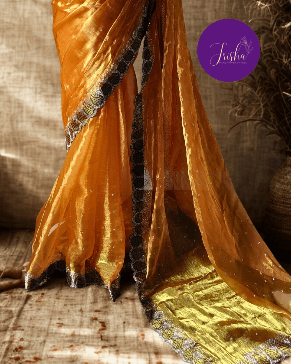 Yellow Party Wear Silk Saree with Stone Work - Image 3