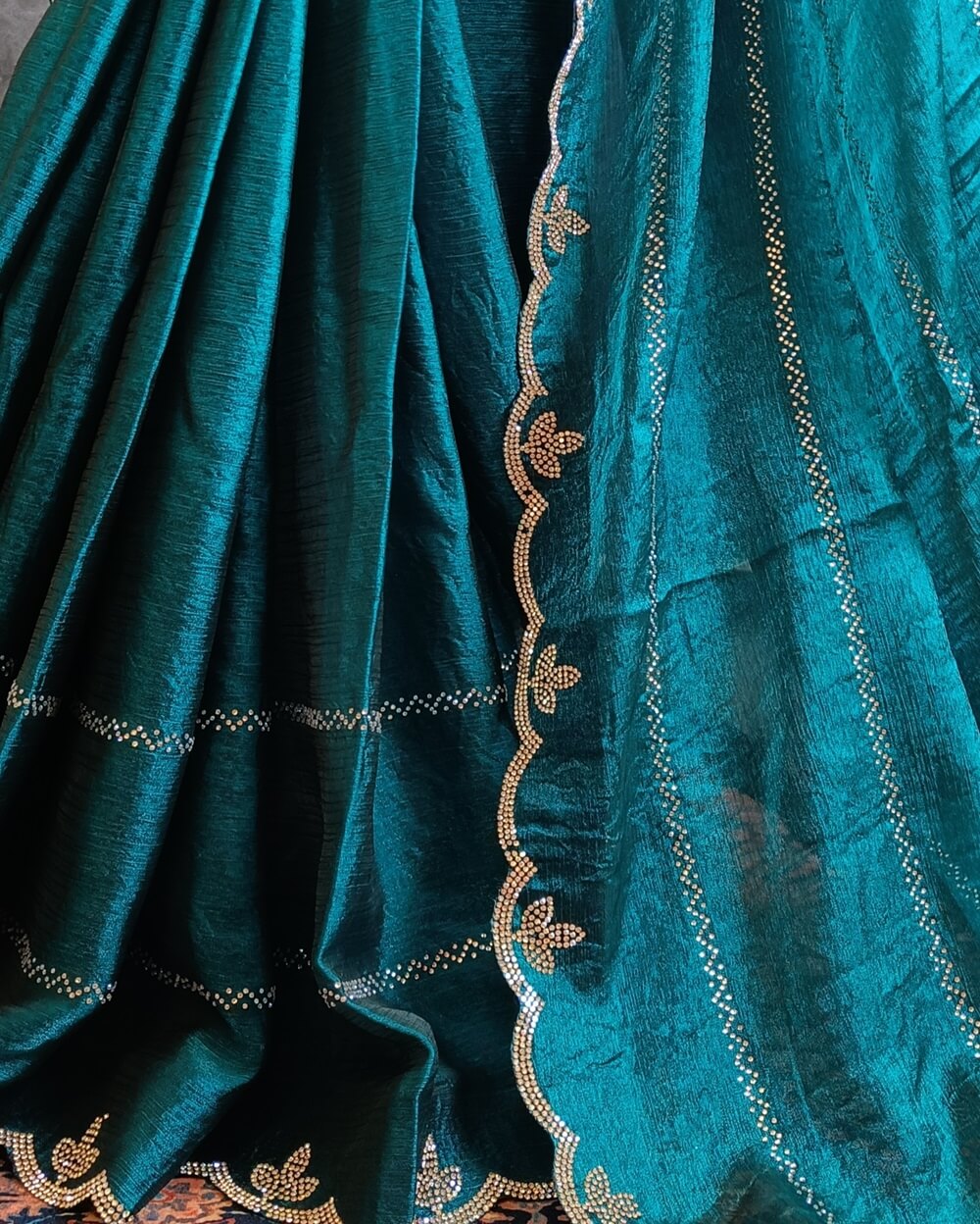 Peacock Blue Party Wear Silk Saree with Stone Work - Image 4