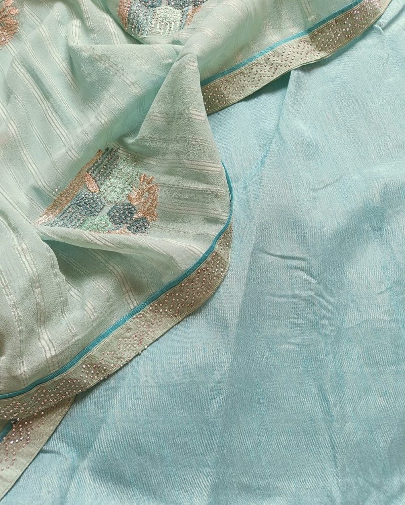 Georgette Saree Light Blue With Swarovski work & Embroidery - Image 3