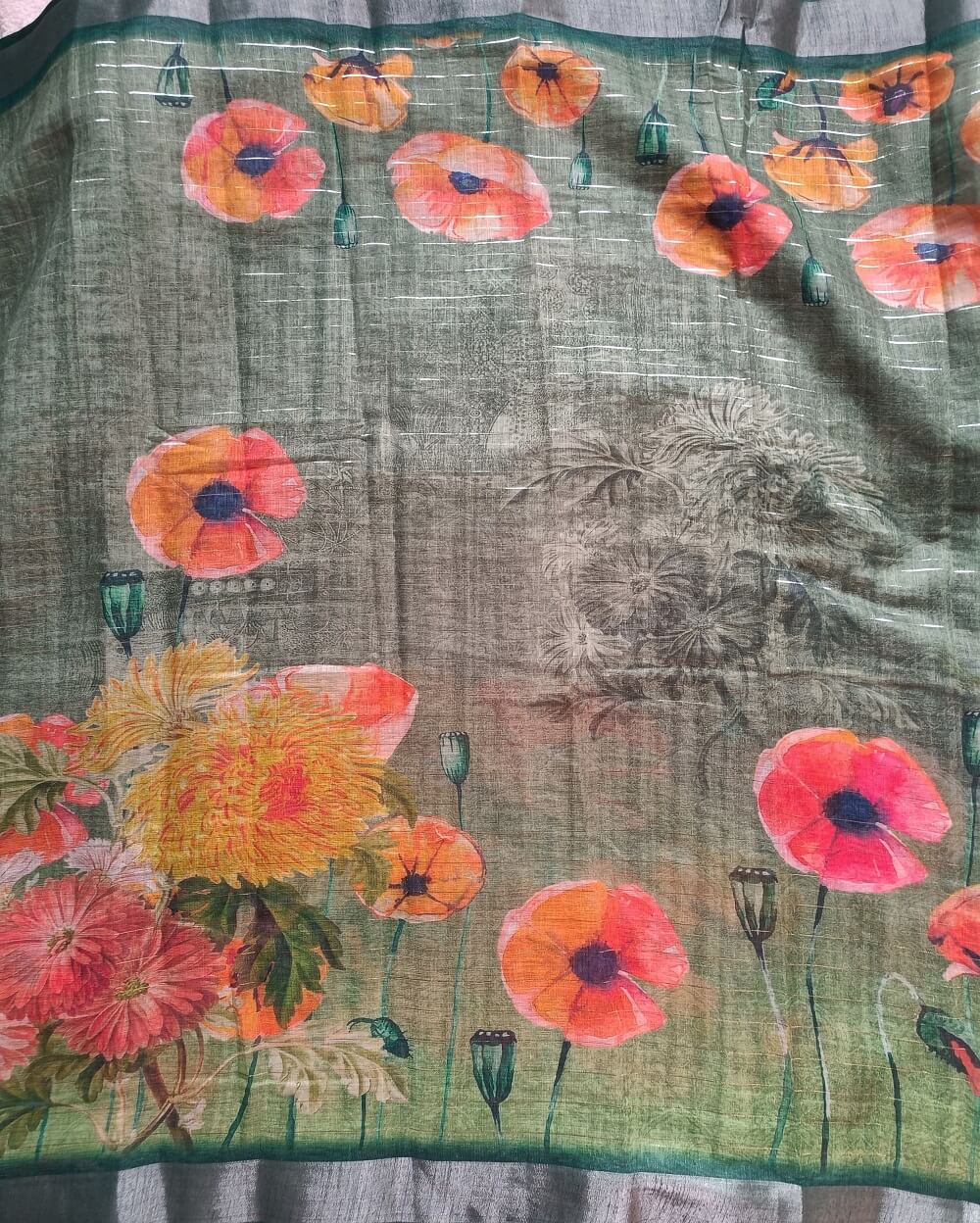 Semi Linen Saree Dark Green with Silver Tissue Zari Border - Image 3