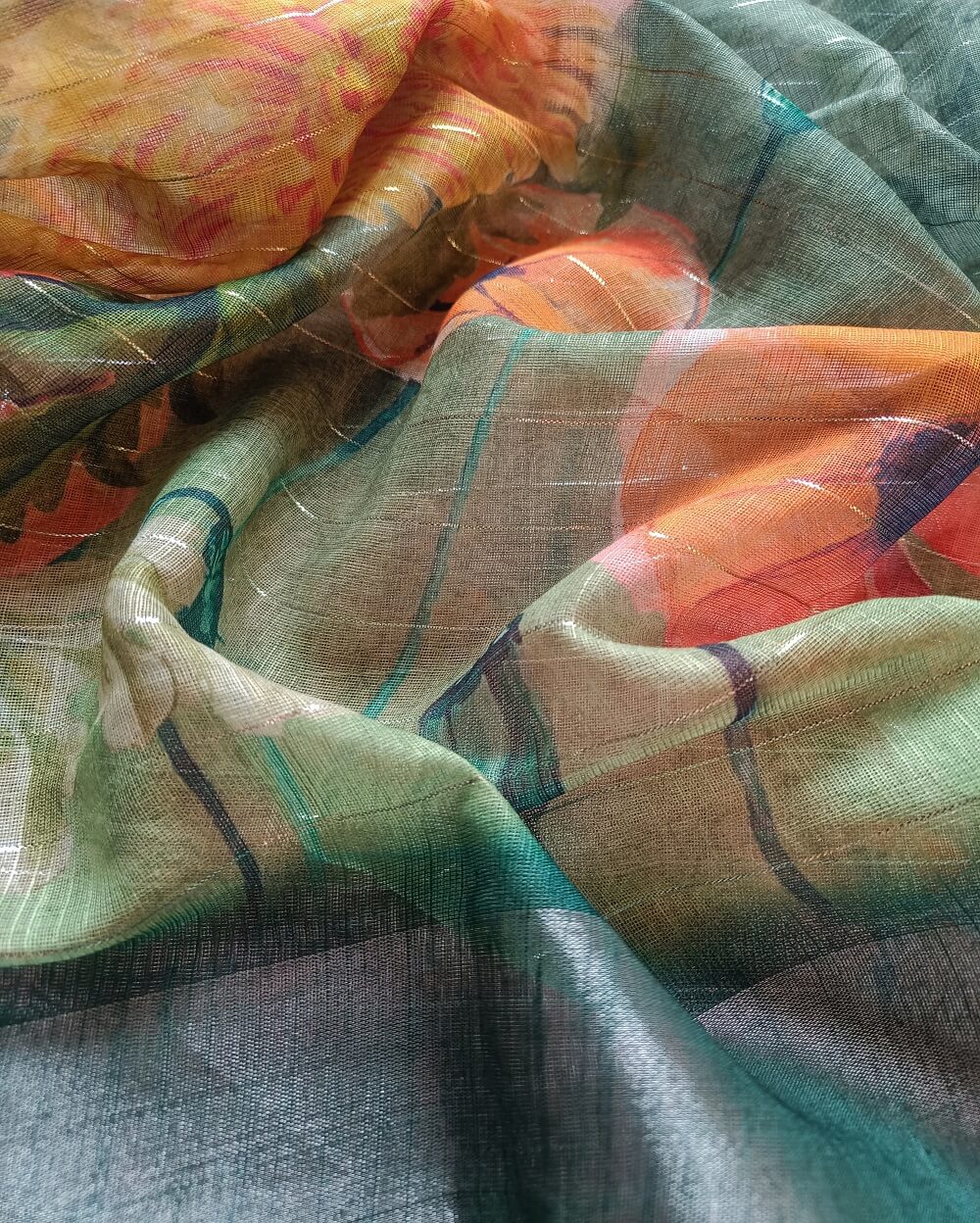 Semi Linen Saree Dark Green with Silver Tissue Zari Border - Image 4