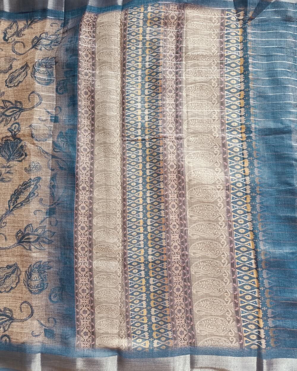 Semi Linen Saree Jute Blue with Silver Tissue Zari Border - Image 2