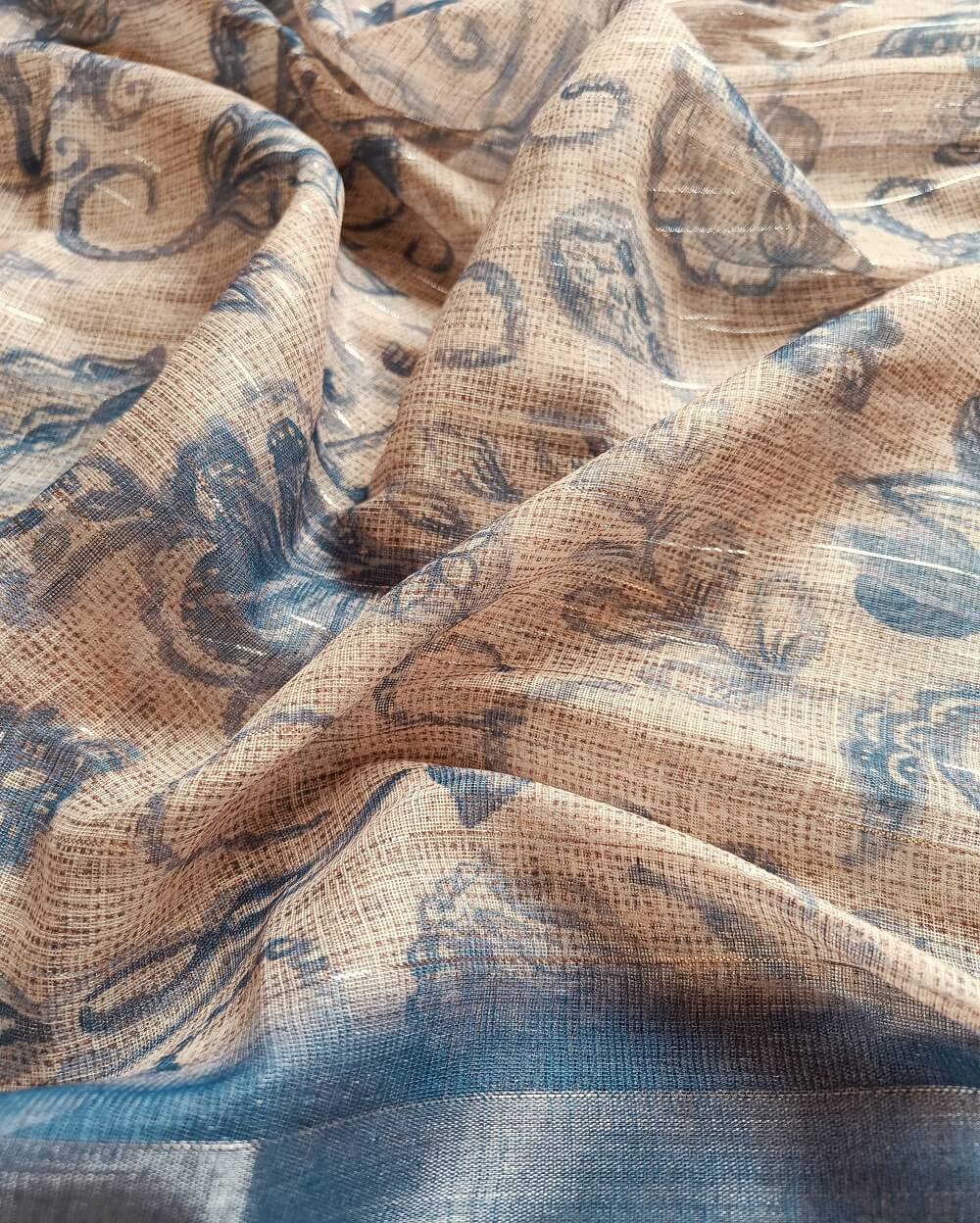 Semi Linen Saree Jute Blue with Silver Tissue Zari Border - Image 4