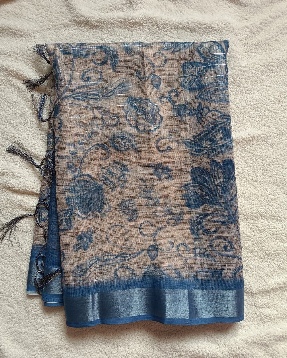Semi Linen Saree Jute Blue with Silver Tissue Zari Border - Image 6