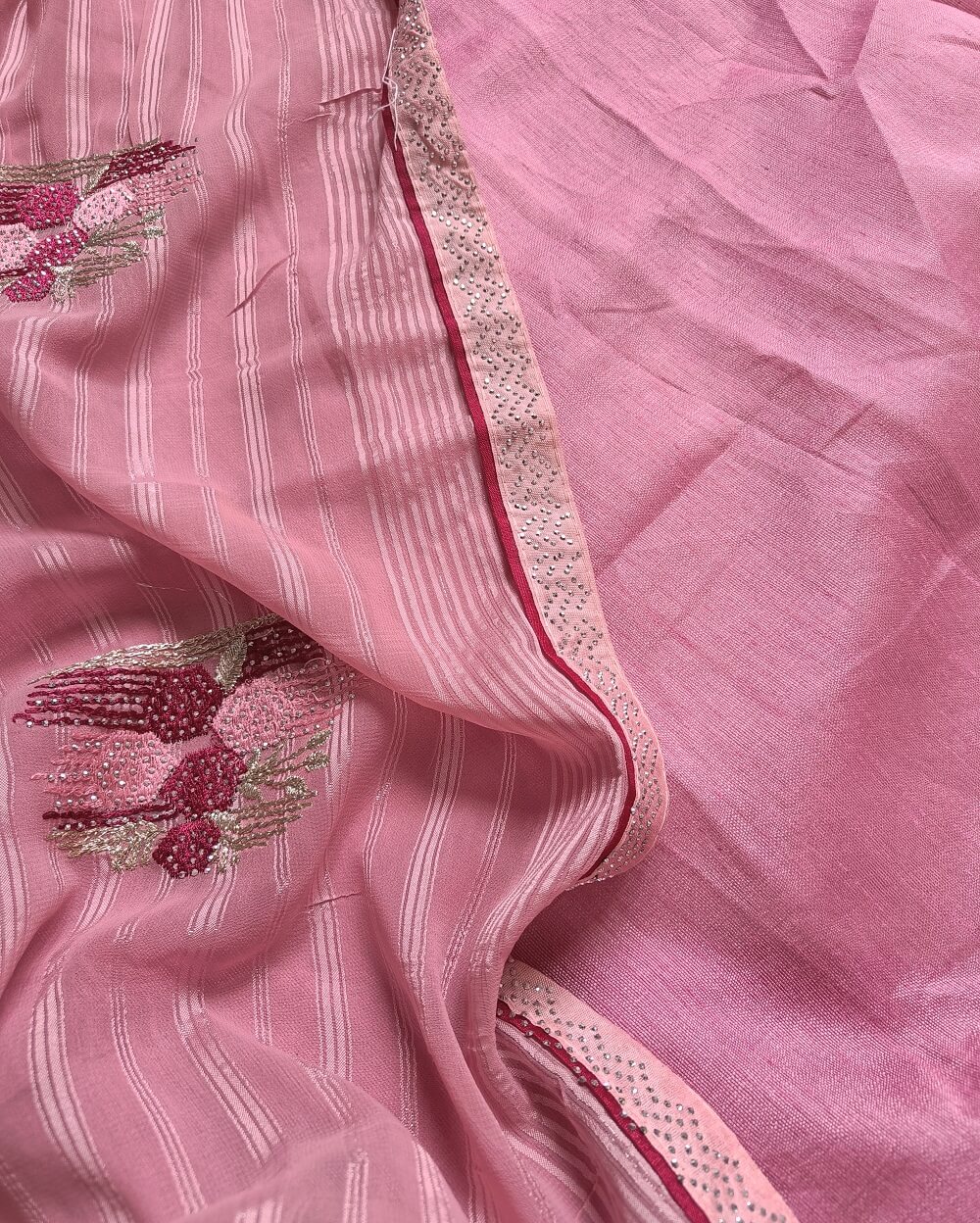 Georgette Saree Light Pink With Swarovski work & Embroidery - Image 3