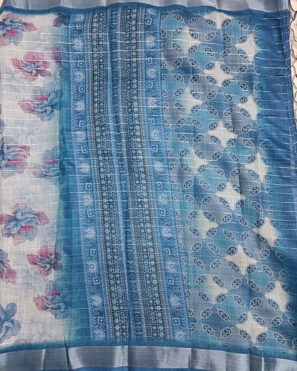 Semi Linen Saree Sky Blue with Silver Tissue Zari Border - Image 2