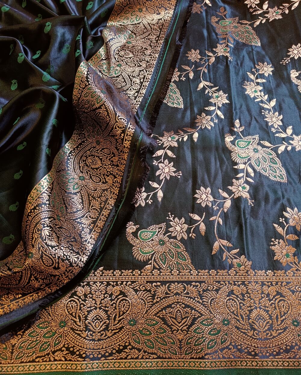Banarasi Satin Silk Saree Dark Bottle Green Peacock Motif - Image 6
