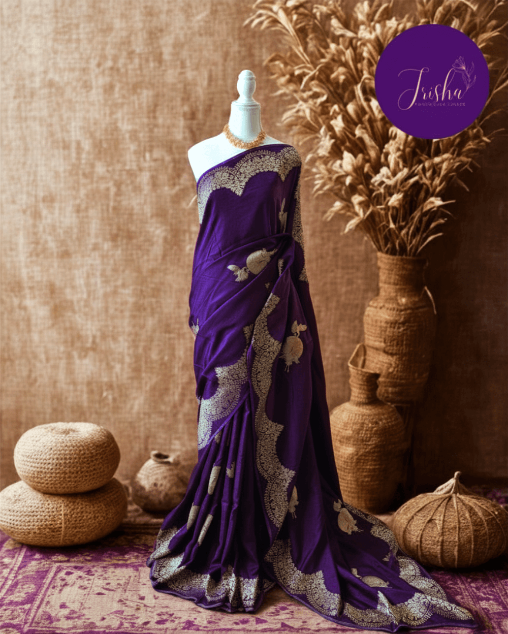 Banarasi Satin Crepe Silk in Royal Violet shade with bird motifs weaves all over the body. Very unique motifs with scallop Design woven in border.It includes plain blouse piece with border in bold and contrast Yellow shade that pairs beautifully the saree and lifts the overall look.