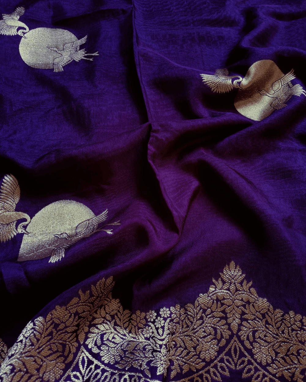 Violet Banarasi Satin Crepe Silk Saree With Woven Bird Motif - Image 6