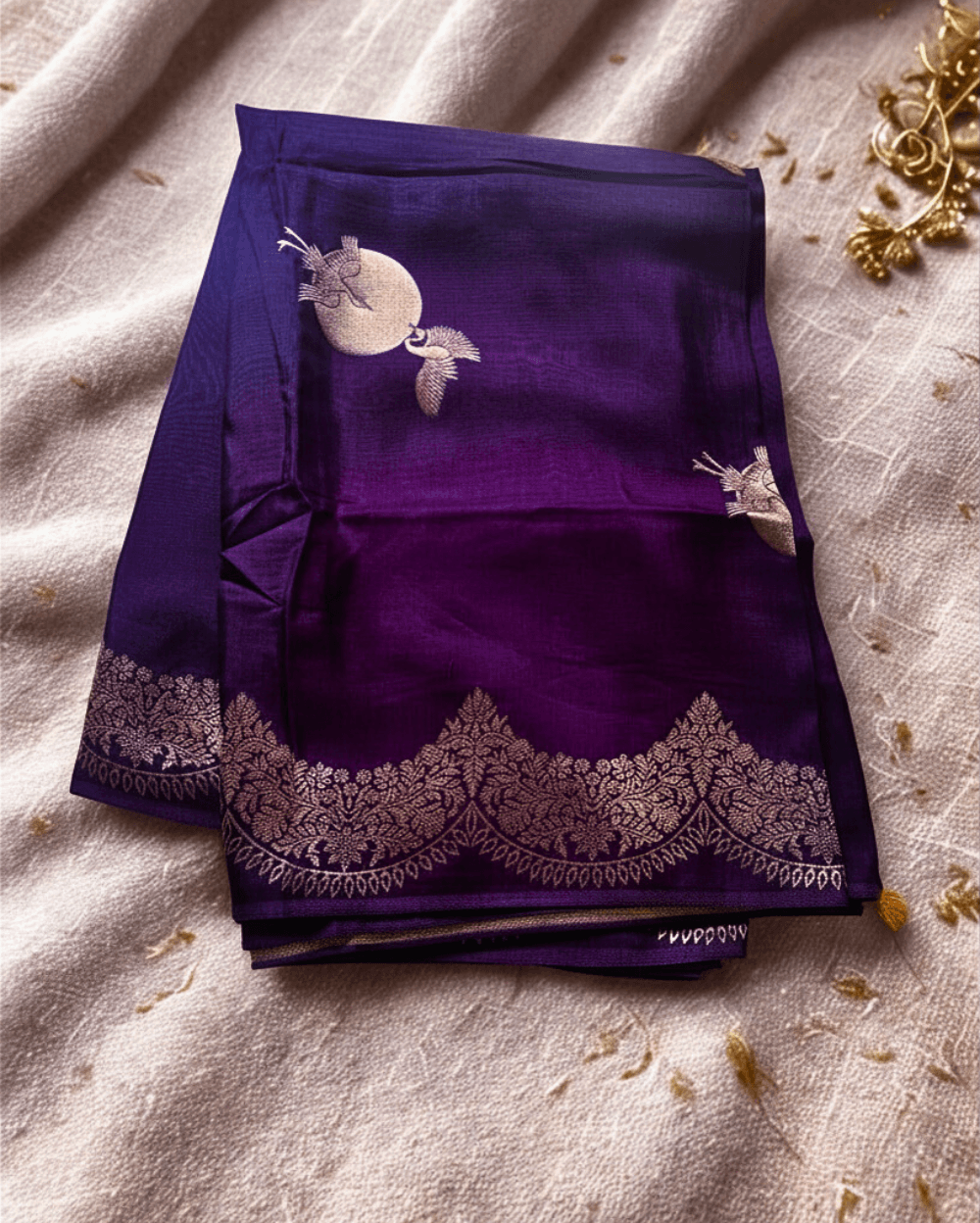 Violet Banarasi Satin Crepe Silk Saree With Woven Bird Motif - Image 7