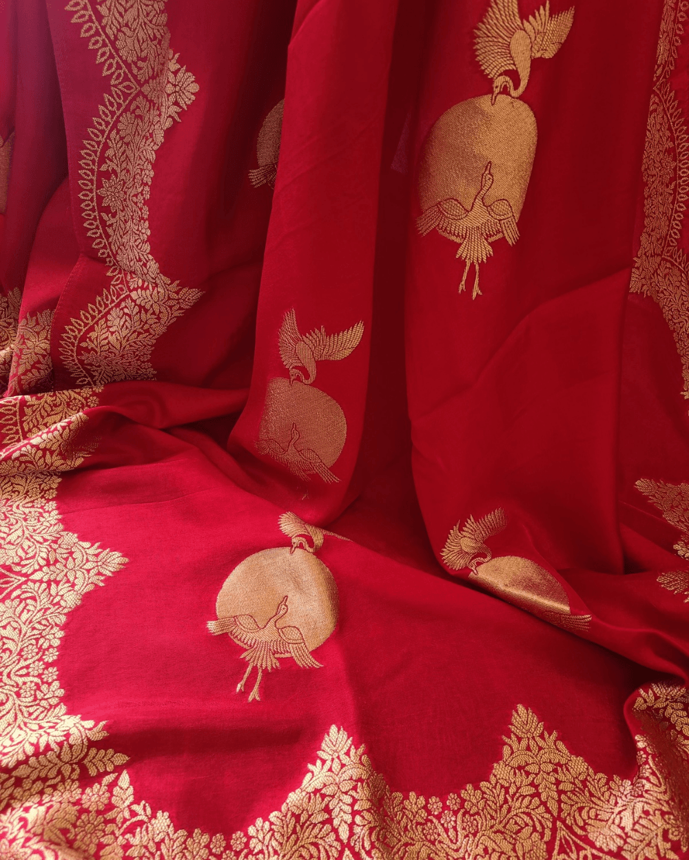 Red Banarasi Satin Crepe Silk Saree With Woven Bird Motifs - Image 4