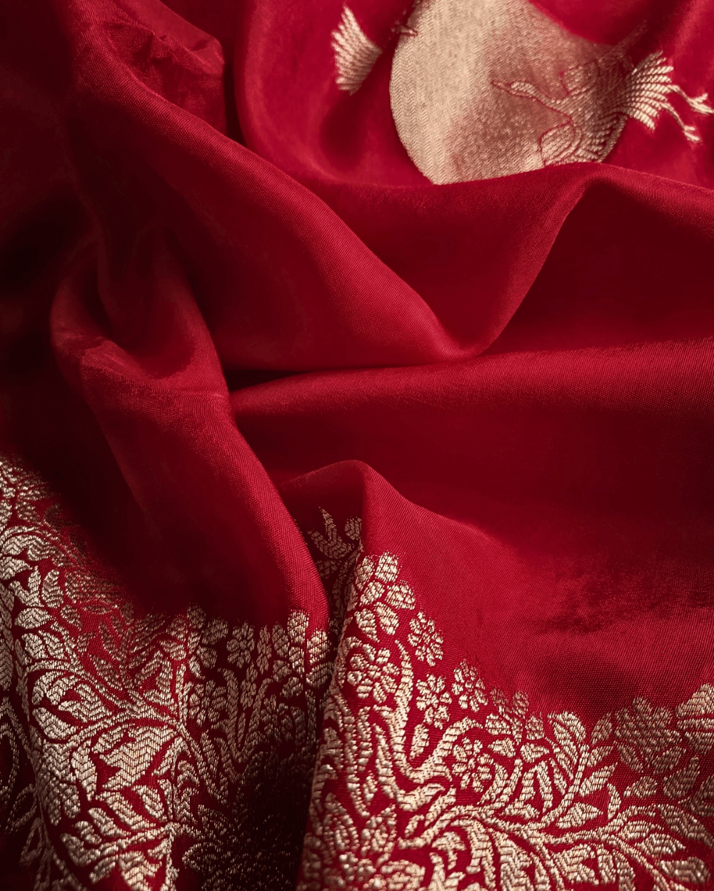 Red Banarasi Satin Crepe Silk Saree With Woven Bird Motifs - Image 6