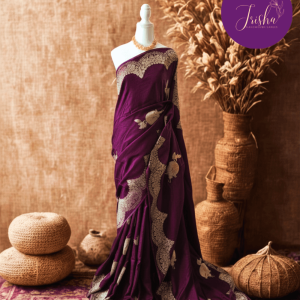 Banarasi Satin Crepe Silk in Wine shade with bird motifs weaves all over the body. Very unique motifs with scallop Design woven in border.It includes plain blouse piece with border in bold and contrast Yellow shade that pairs beautifully the saree and lifts the overall look.