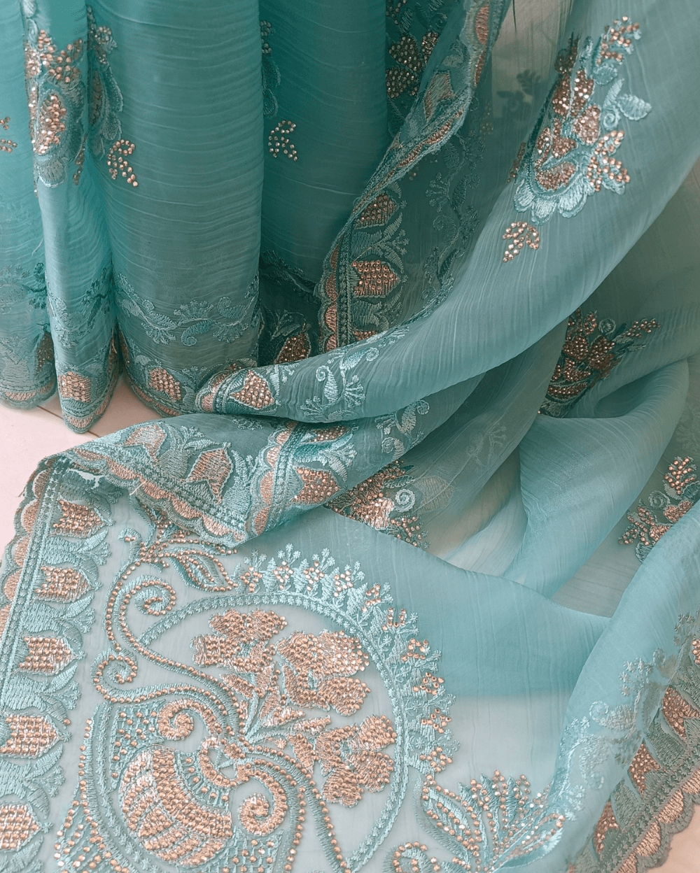 Light Blue Chiffon Saree with Embroidery and Diamond Stone Work - Image 4