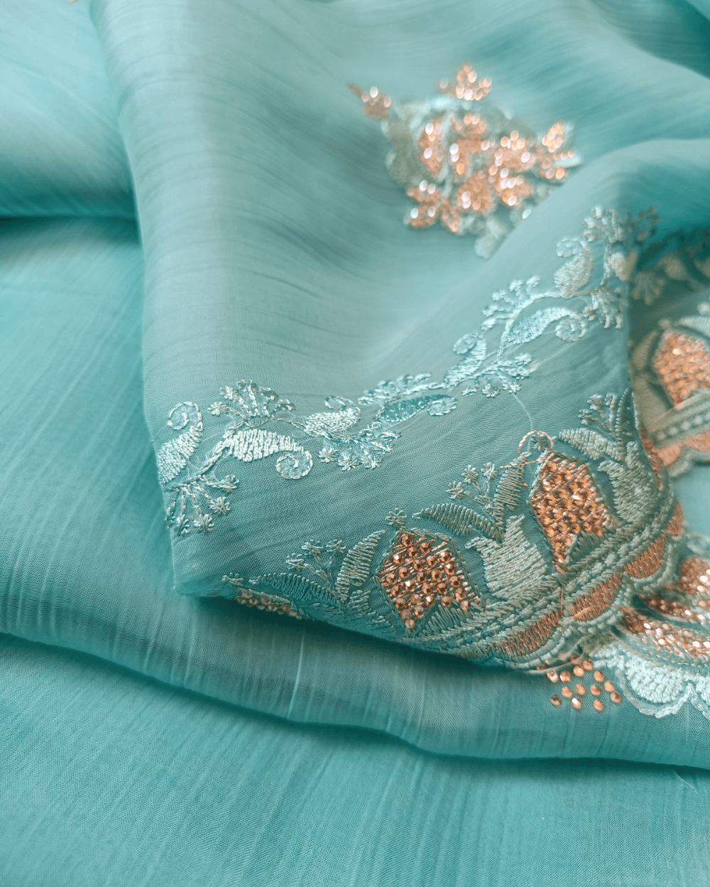 Light Blue Chiffon Saree with Embroidery and Diamond Stone Work - Image 7