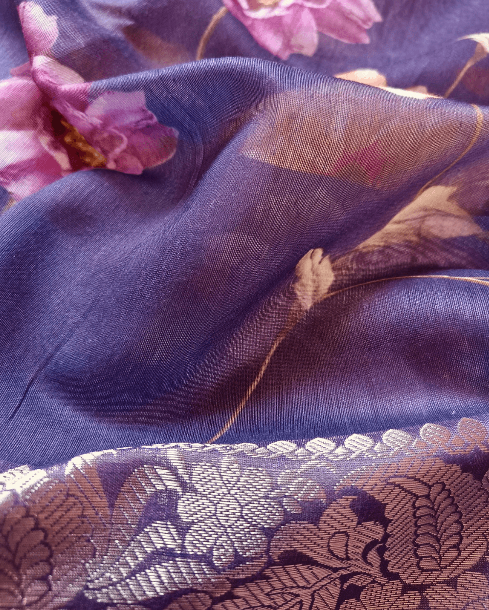 Chanderi Saree Silk Cotton Violet with Floral Digital Prints - Image 6