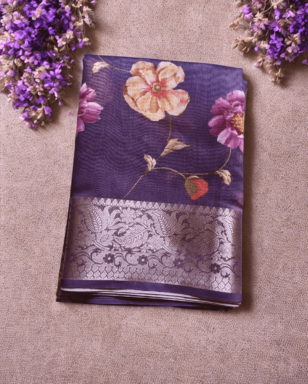 Chanderi Saree Silk Cotton Violet with Floral Digital Prints - Image 7