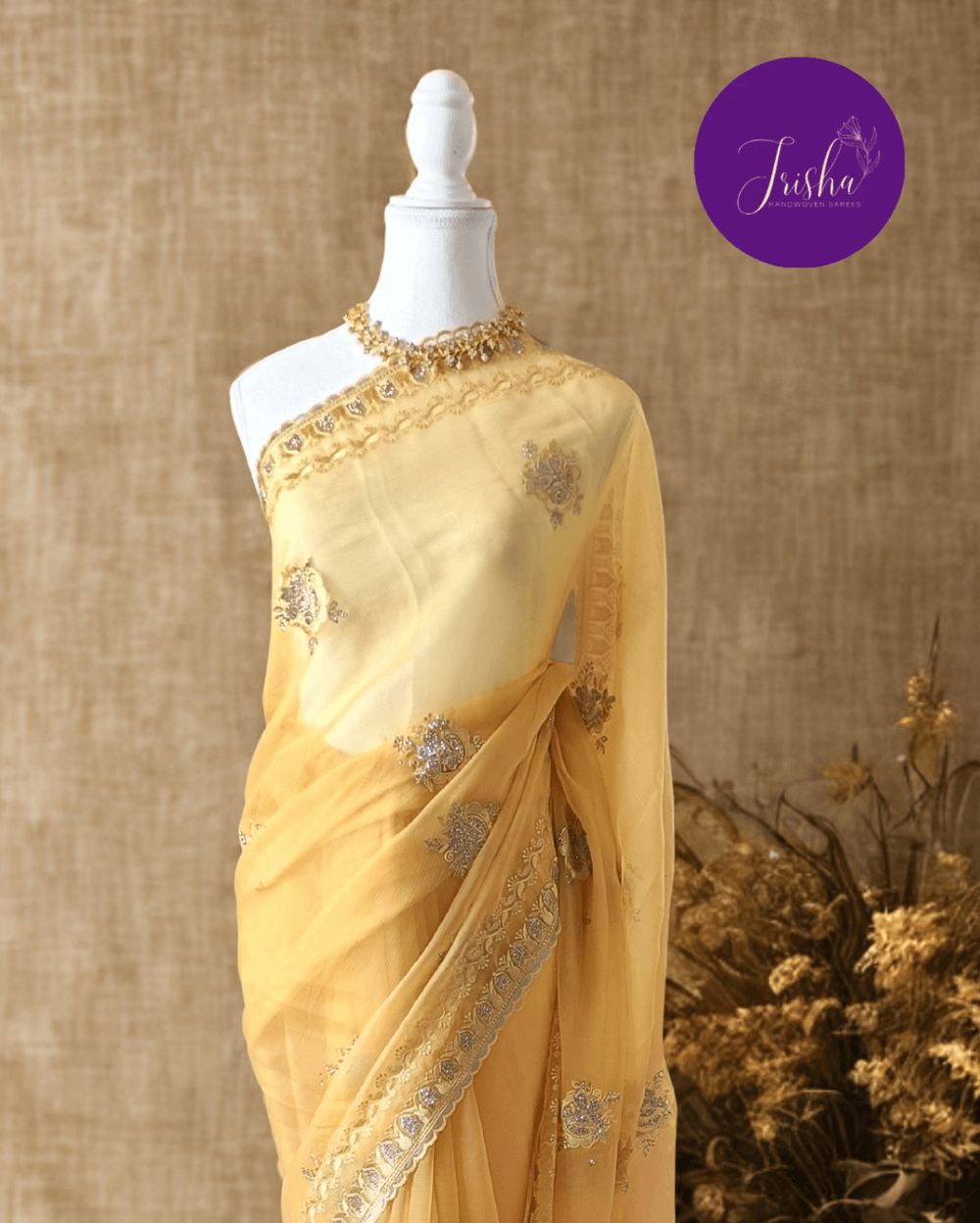 Pastel Yellow Chiffon Saree with Embroidery and Diamond stone work - Image 2