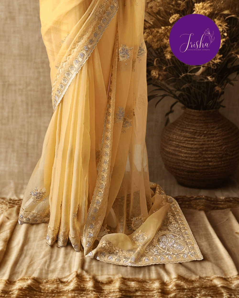 Pastel Yellow Chiffon Saree with Embroidery and Diamond stone work - Image 3