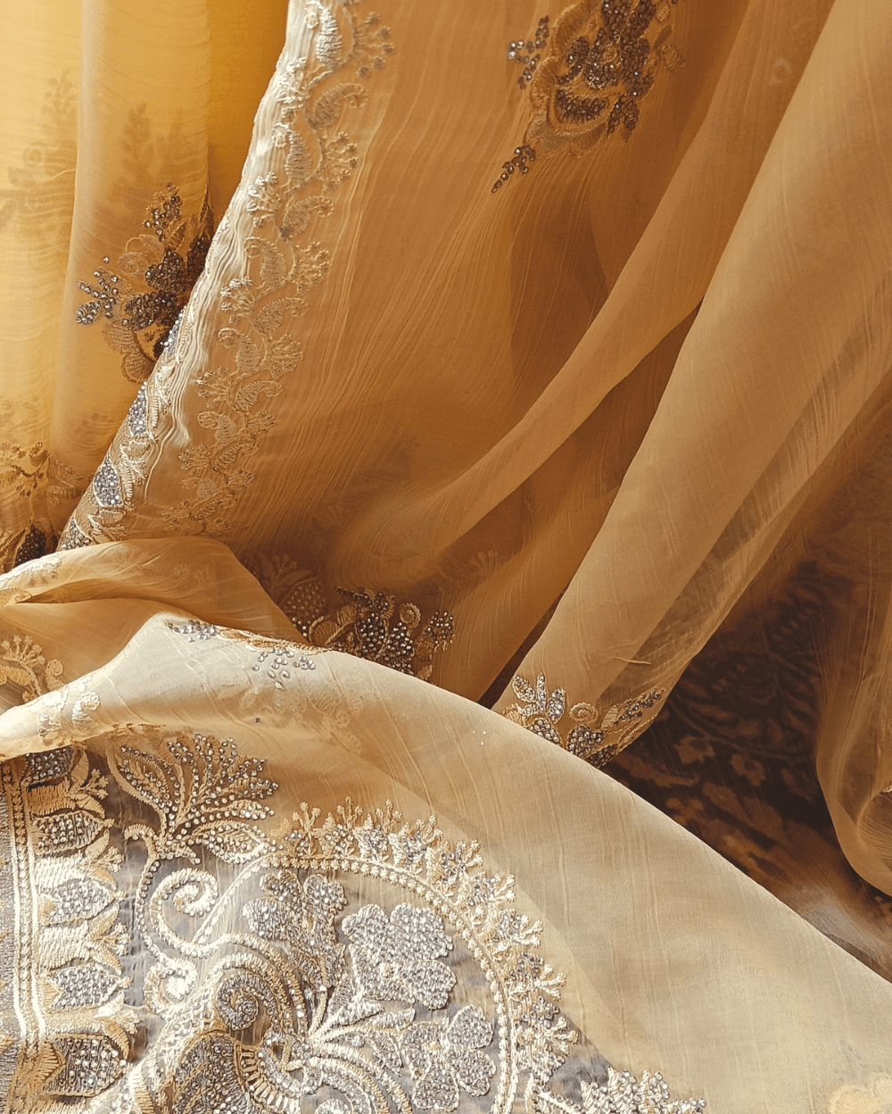 Pastel Yellow Chiffon Saree with Embroidery and Diamond stone work - Image 4