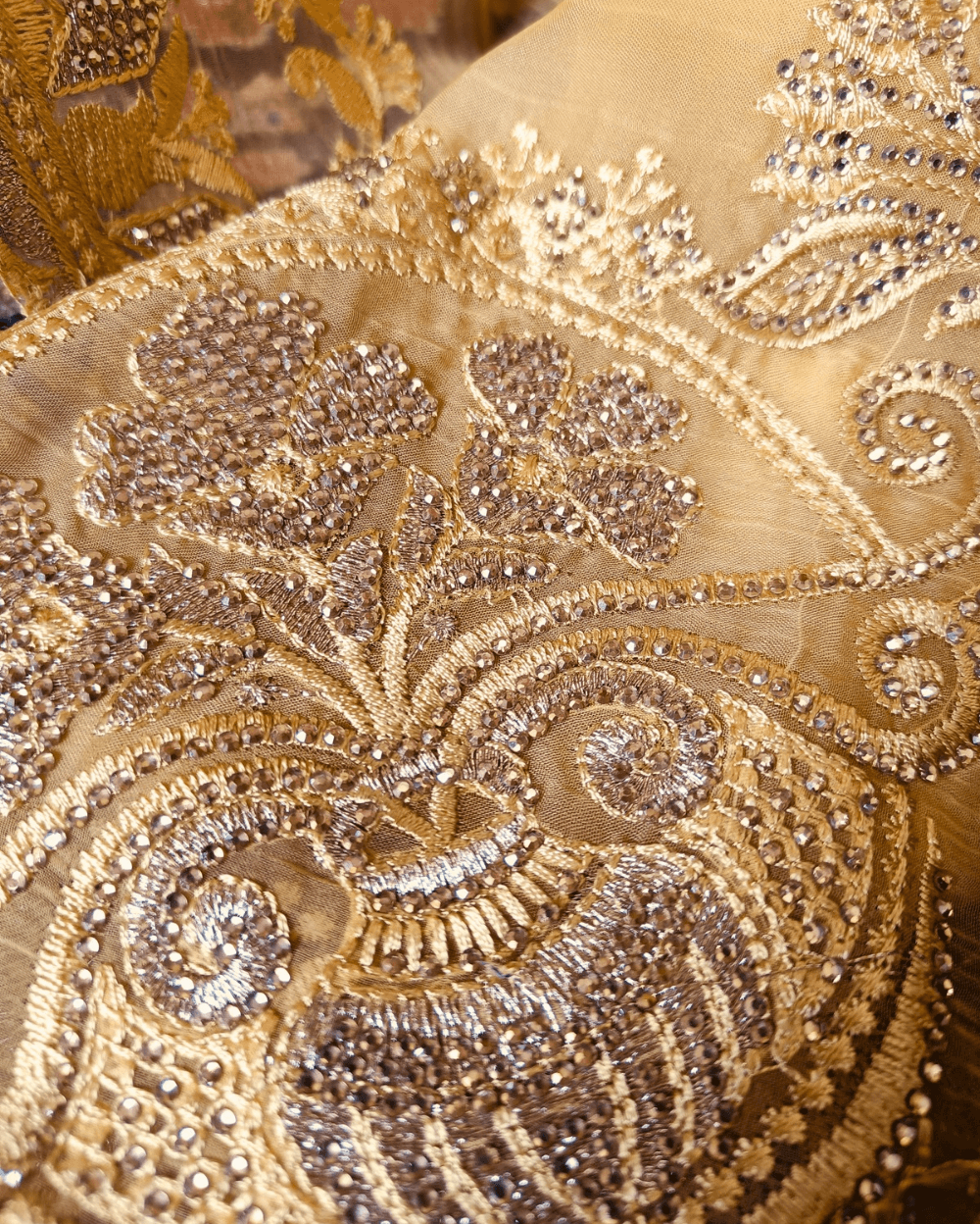 Pastel Yellow Chiffon Saree with Embroidery and Diamond stone work - Image 5